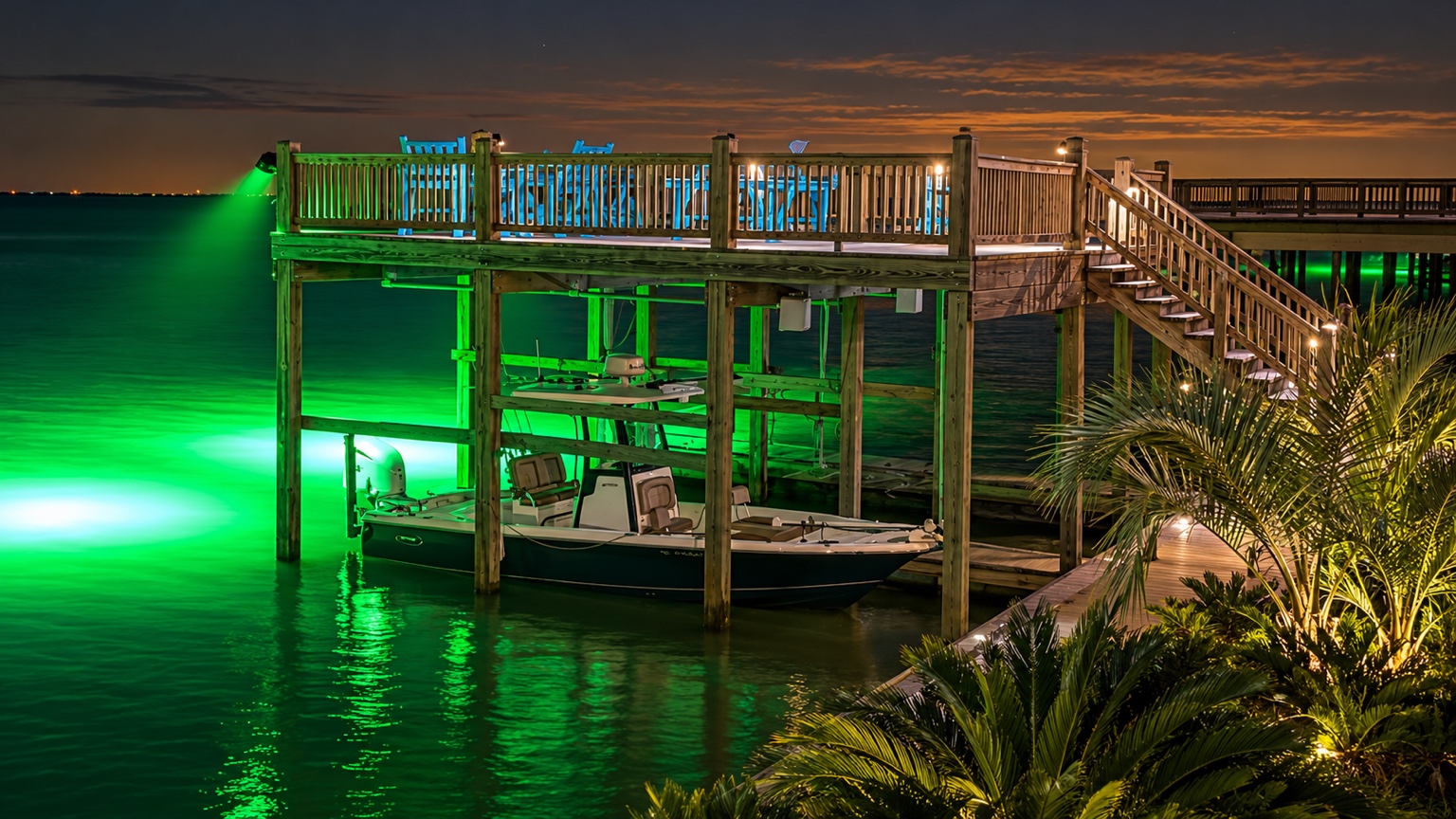 Boat at the lodge dock under the upper deck, with green fishing lights illuminating the water at night