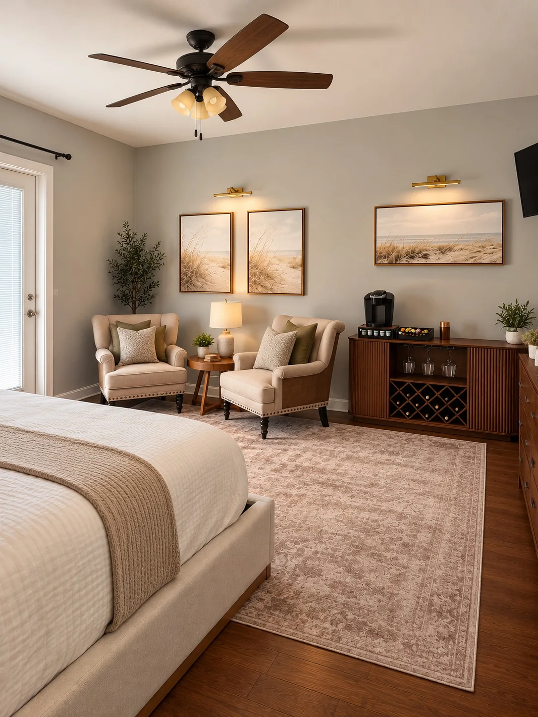 Primary suite with king bed, sitting area, coffee and wine bar at Ace in the Hole Lodge