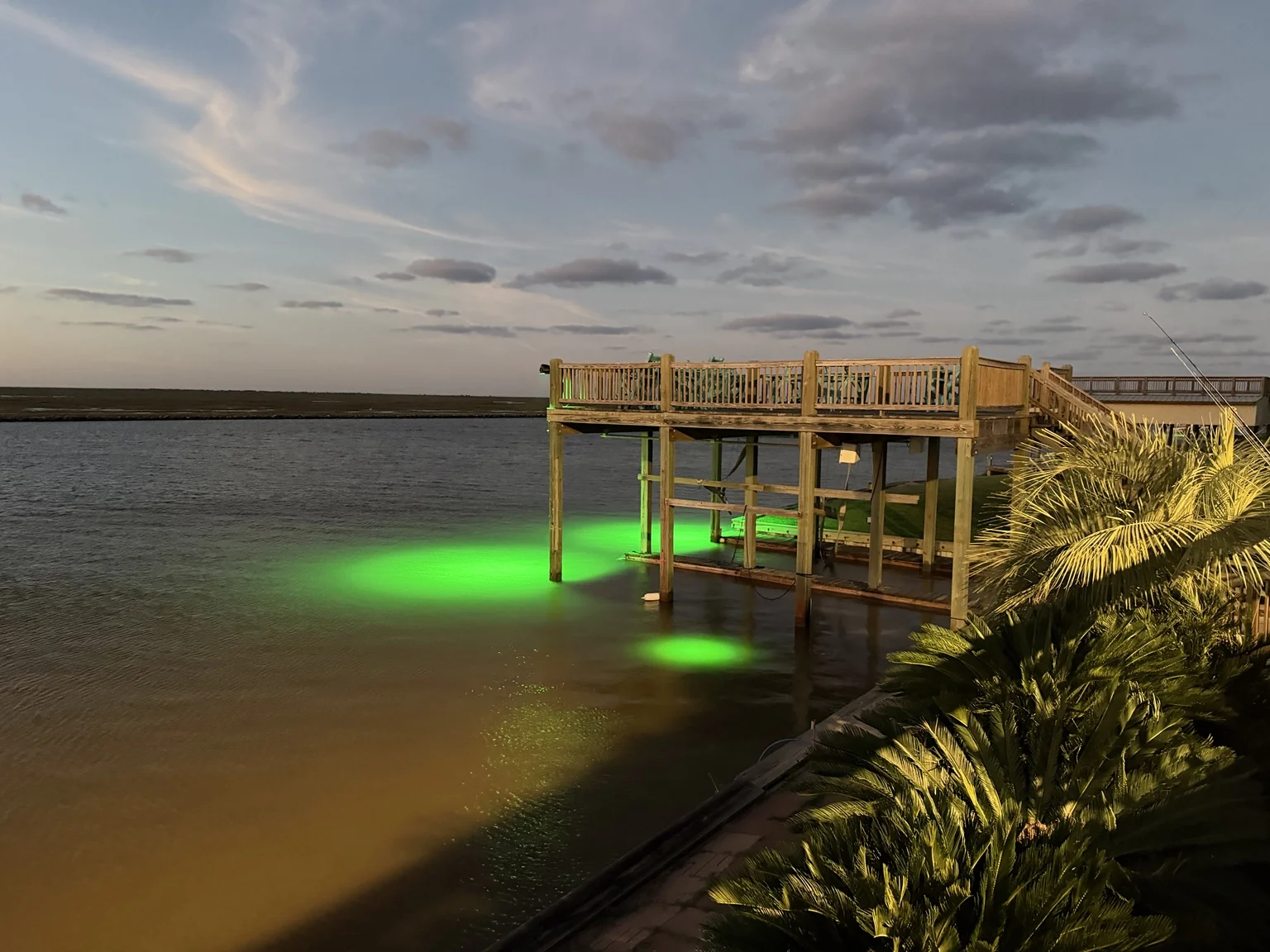 Green fishing lights illuminating the water beneath the observation deck at dusk