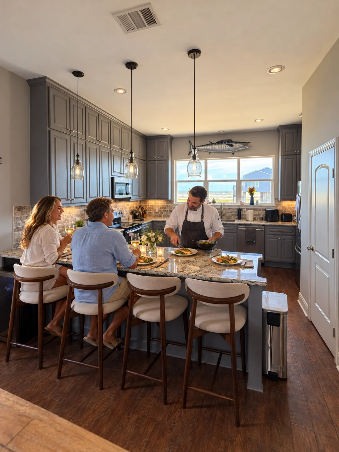 Illustrative staged scene of a private chef meal with guests in the actual lodge kitchen