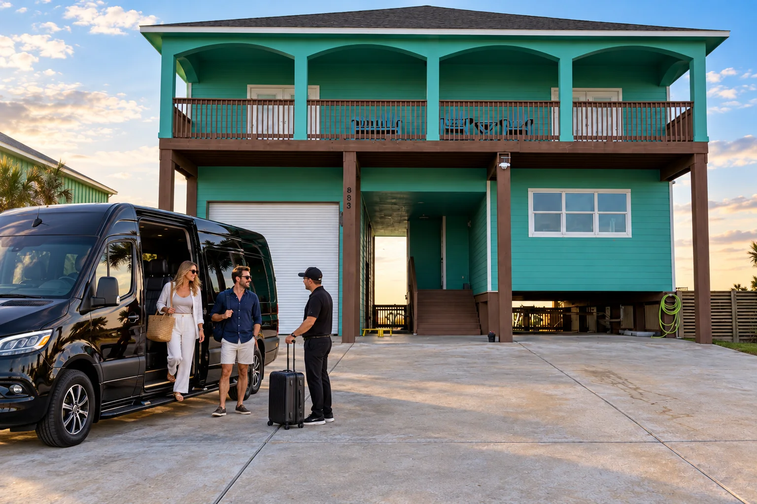 Illustrative guest arrival with a Sprinter van at the actual Ace in the Hole Lodge
