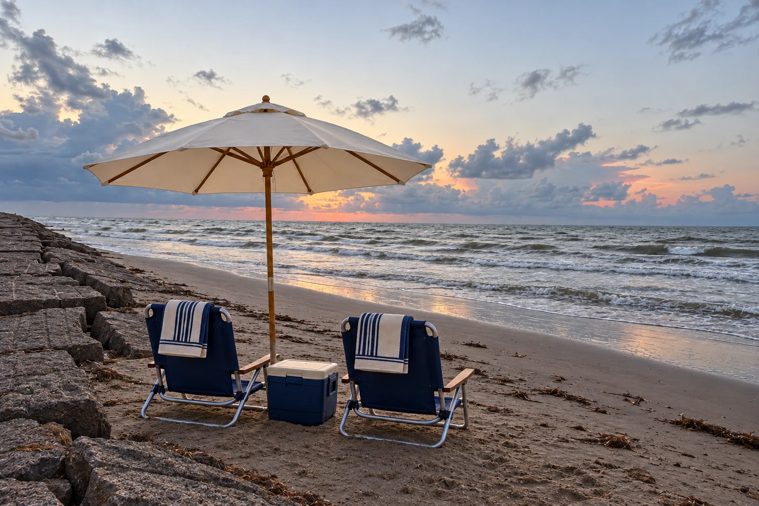 Illustrative beach setup with two navy chairs, an umbrella, cooler, and towels