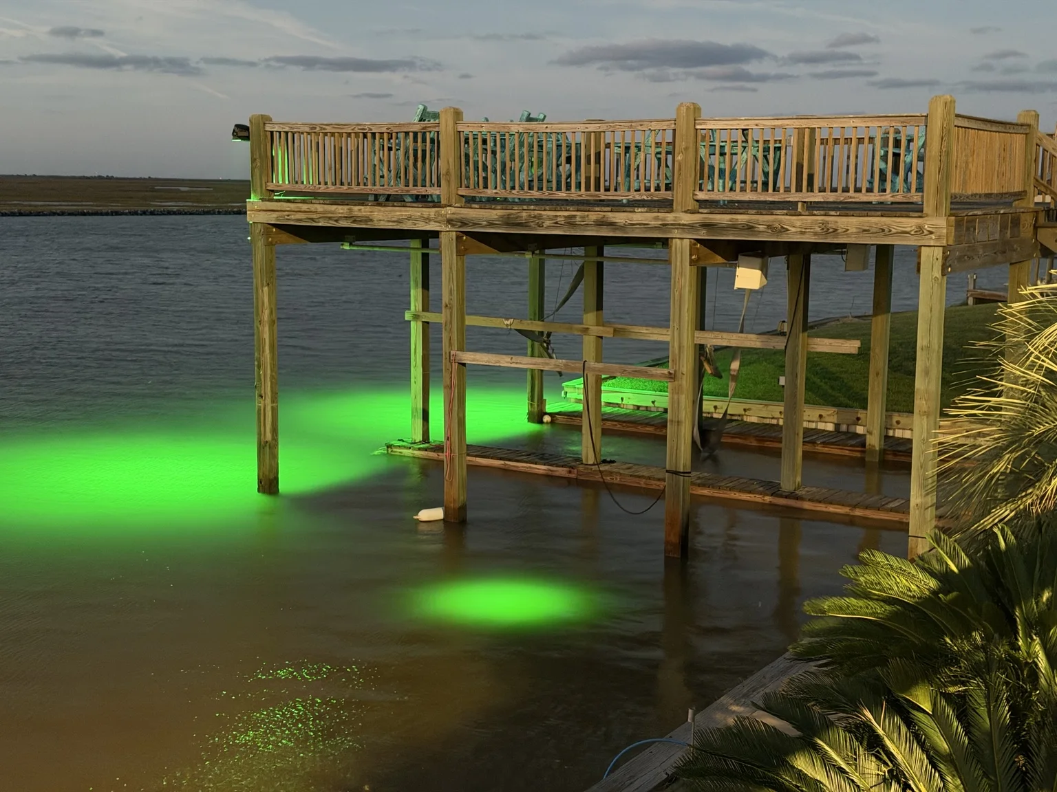 Green fishing lights beneath the observation deck at dusk