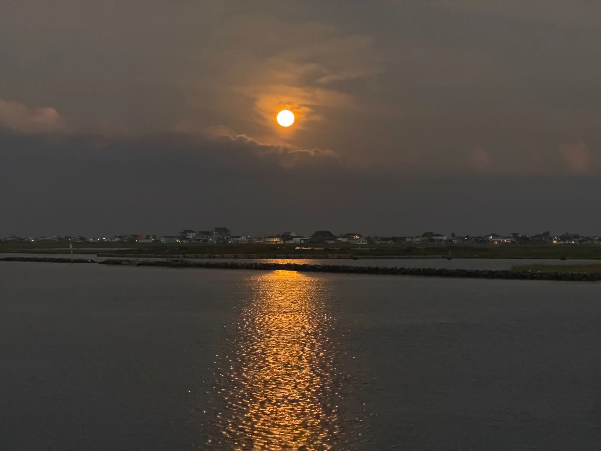 Moonlight reflecting on the water looking back toward Sargent
