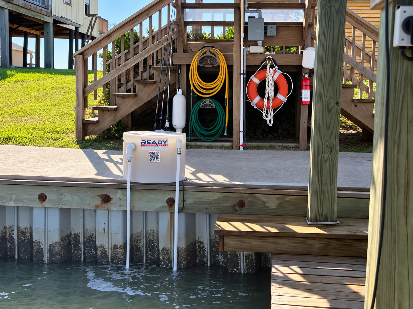 Ready Bait live-bait maintainer at the lodge dock beside the stairs